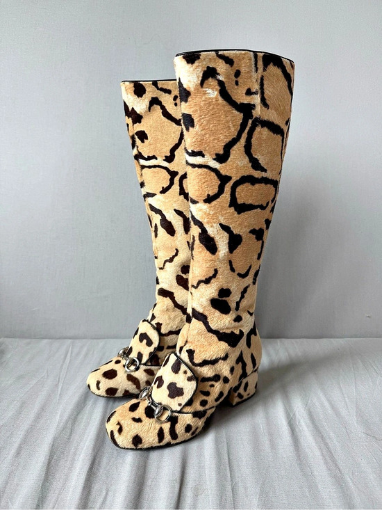 Gucci Shoes - Gucci Leopard Print Pony Hair Lilian Horsebit Knee High Boots FW 2014 Runway
